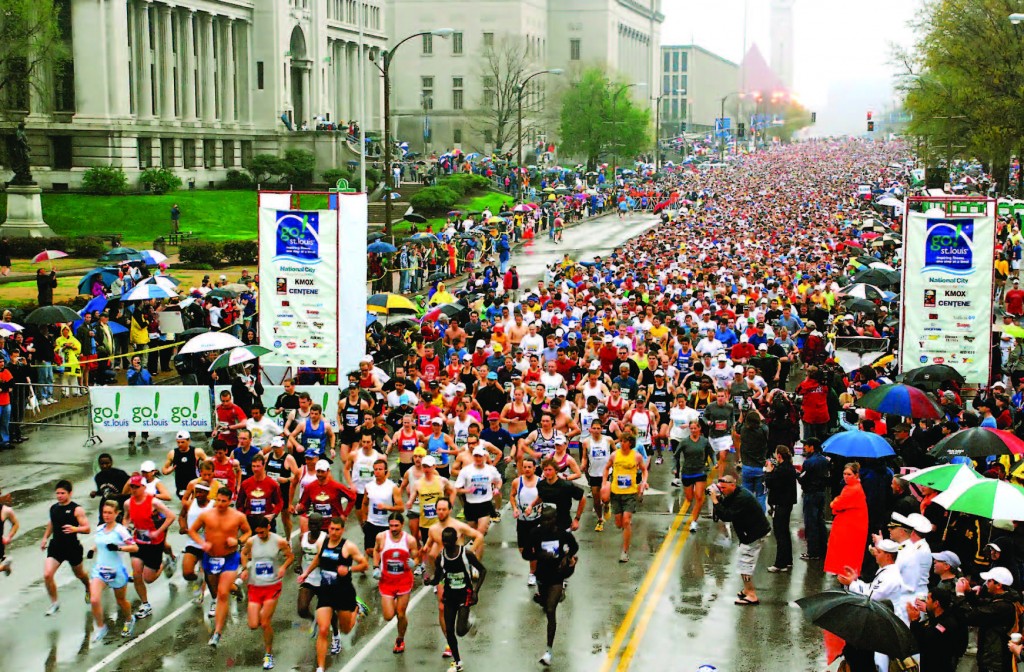 Hundreds of local residents and visitors from across the country step up at the start of the 2009 St. Louis Marathon. The event takes place every April and is organized by a private group. The St. Louis Office of Special Events coordinates the race and all other events that take place on city streets or in city parks.