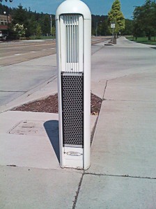Passive detection devices are a trend in pedestrian crossings designed to address the increased lack of attention that pedestrians pay to nearby traffic. (Photo courtesy of Electrotechnics Corp.)
