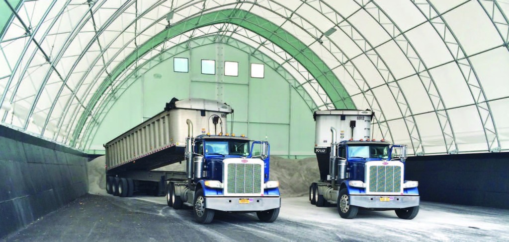 The 72-by-100 HT series salt and sand storage structure from Calhoun Super Structure was installed by Hybrid Building Solutions for the town of Clarence, N.Y. (Photo provided)