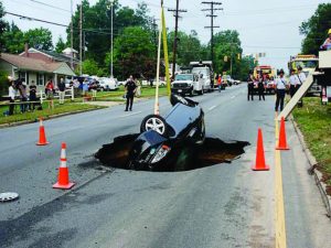 In the early morning hours of July 18, 2007, a 15-foot-by-24-foot sinkhole opened in Wendover Avenue in Greensboro, N.C., swallowing a Honda Accord and making necessary a pipe replacement project. (Photo provided)