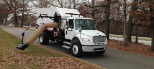 A Clemson, S.C., leaf vacuum truck picks up leaves. While out on their routes, public works employees can note brush piles, hanging limbs or other issues that need attention using the city’s PinPoint system to notify their supervisor. (Photo provided)