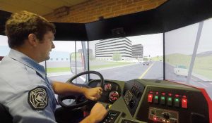 The driving simulator offers the realistic sights and sounds of a fire apparatus while challenging those in the simulator with unexpected obstacles and environmental changes. (Photos provided)