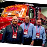 From left are The Municipal’s Steve Gutowski, with Kraig Scholten and Rick Peterson of Midwest Fire, in the main exhibit hall of the Indiana Convention Center. (Photos by Karyn Brumbaugh)