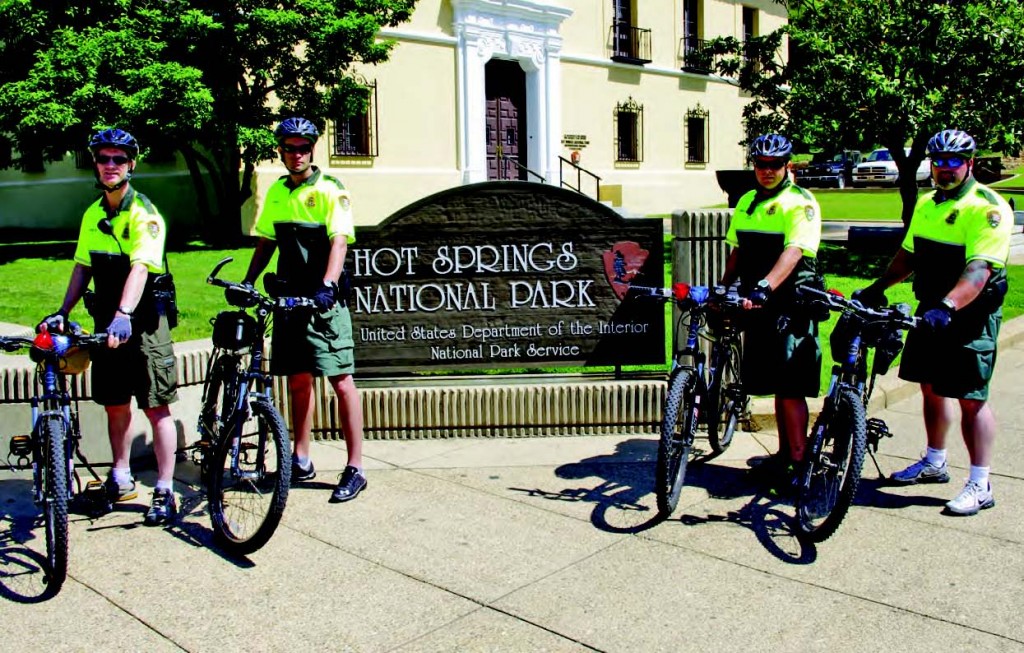 Rangers D. VanNest, A. Griggs, Z. Summerlin and Ranger F. Stock are among the officers who patrol Hot Springs National Park on bicycle