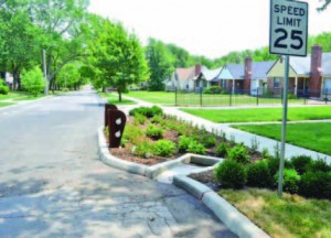 addition of curbs, sidewalks, porous sidewalks, rain gardens and curb extensions 