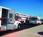 Ambulances line up outside a local high school during the 2012 exercise.
