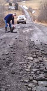Broken, “pie-crust” roads tend to develop when heavy trucks repeatedly carry large loads of sand, water and equipment to fracking wells. (Photo provided)