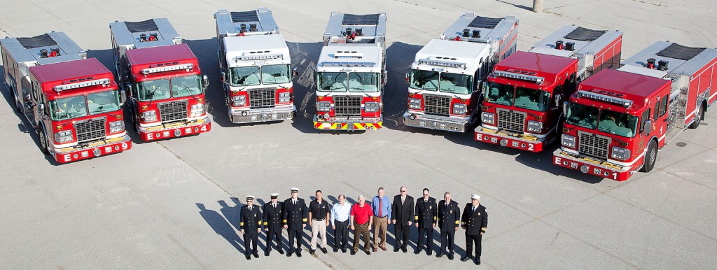 Aerial view of seven fire engines purchased earlier this year by Springfield and Republic, Mo., and the Nixa Fire Protection District. 
