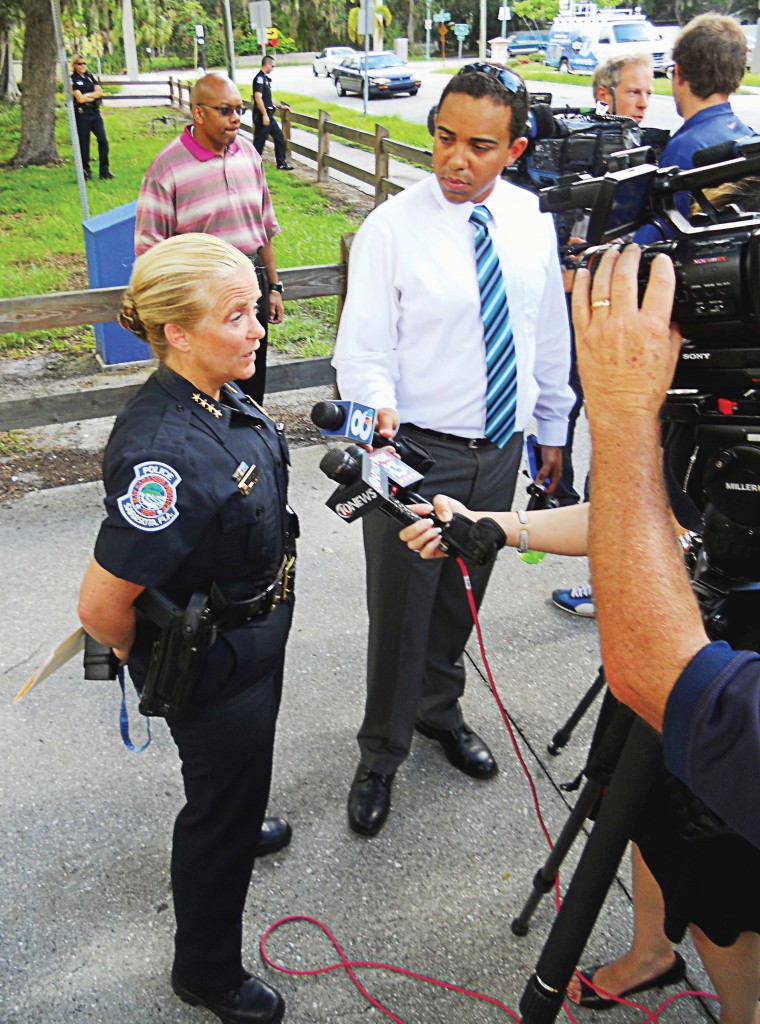 Chief DiPino speaks to the media at a press conference. (Photo provided by Sarasota Police Department)