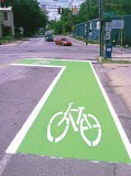Louisville, Ky., installed a color pavement marking system on a number of bike lanes. (Photo courtesy of Transpo Industries)