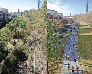 Before and after photos of a portion of Eastside Trail in Atlanta, Ga., a project using TIF funding to develop a network of public parks, multi-use trails and transit along a 22-mile historic railroad corridor that connects 45 in-town neighborhoods. The project was completed in 2009. (Photo provided)