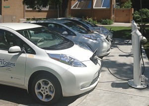 All-electric Nissan Leaf sedans charge in the city of Fort Collins’ fleet. In total, Fort Collins operates nearly 700 alternative fuel vehicles in its fleet of 1,600, including heavy-duty CNG, hybrid electric and biodiesel vehicles as well as light-duty propane, flex fuel, hybrid electric, all-electric and plug-in hybrid electric vehicles. (Photo courtesy city of Fort Collins)