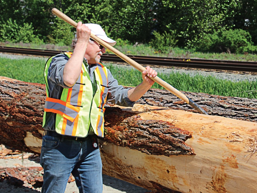 A volunteer scrapes bark from what will become a support beam for an open-walled timber frame barn in Pemberton, British Columbia. The 50-foot-wide and 150-foot-long structure, made of completely sustainable materials, sits downtown between the main street and railroad tracks that run through the village. (Photo provided)