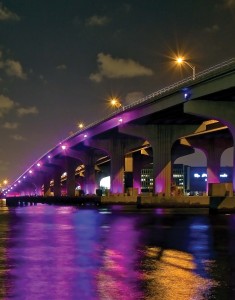 This photo of the MacArthur Causeway in Downtown Miami shows some of the colorful and artistic lights that have been added to Miami’s infrastructure.