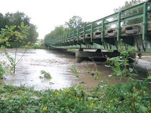 This photo illustrates the washed-away center pier of a continuous steel-girder bridge over the Thompson River in North Missouri, due to heavy rainfall on Sept. 22, 2010. (Photo provided)