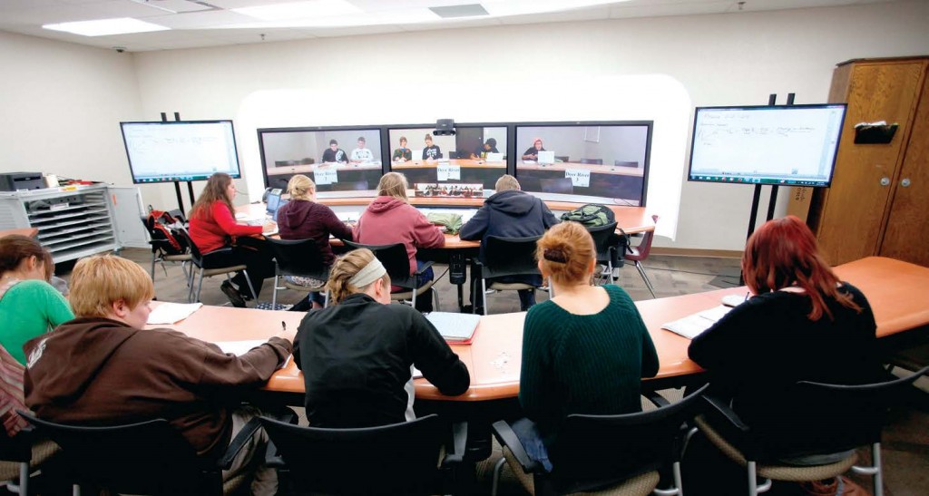 Students participate in a teleconference session in the Itasca area of Minnesota as part of a Minnesota Intelligent Rural Communities and Blandin