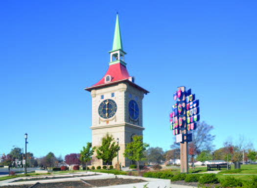 Standing 60 feet tall from the ground to the top of the finial, Berne, Ind.’s reproduction of the famous Bern, Switzerland clock tower is 32 feet wide square at its base, has four large clock faces, weighs approximately 1,216 tons, took four months to construct and displays animated fiberglass figurines performing scenes from the settlement of the city. (Photo provided)