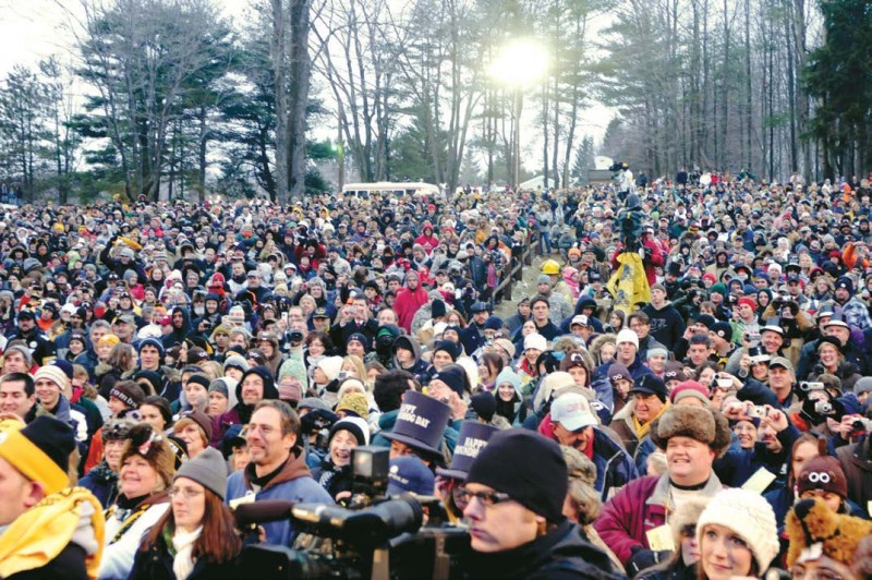 A crowd gathers at Gobbler’s Knob in Punxsutawney, Pa.