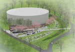 This architect’s image of the gray water tank — to be built along a scenic Lexington, Ky., trail — incorporates landscaping and a camouflage construction that will diminish its overwhelming size and the generally unappealing facade of any water storage tank. (Image provided by Scape)
