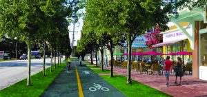 The plan that emerged from Folly Road design charrettes includes adding covered shelters and making the road safer by building continuous sidewalks, frequent crosswalks and protected bikeways. (Image provided)