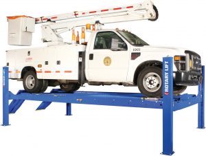 The Rotary Lift AR-18 medium-duty four-post lift’s drive-on capabilities and 18,000 pounds of capacity lets technicians work on cars, vans and trucks. (Photo provided)