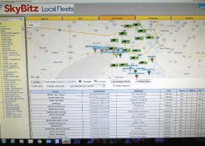 A map shows a group of vehicles used by a fleet manager with the name of the vehicle, location, date, miles, direction and city. (Photo provided)