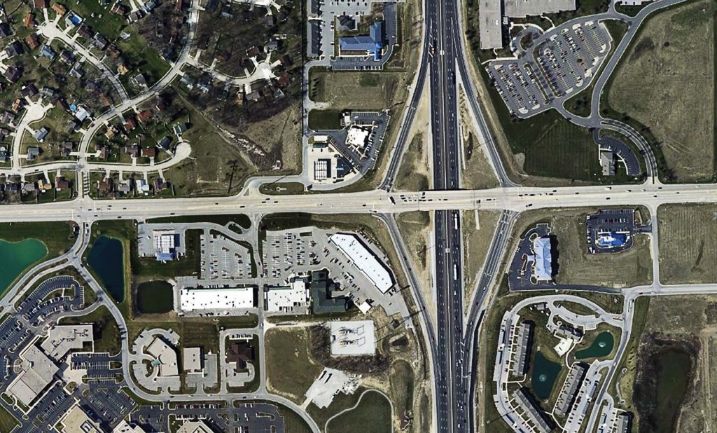 Pictured is an aerial photo of the completed diverging diamond interchange at Dupont Road and I-69 in Fort Wayne, Ind. (photo provided by INDOT)