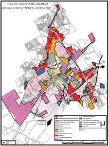 Oakwood, Ga., has a long history of partnerships, both public/public and public/ private. Such partnerships have been a key to the city’s development. Pictured is Oakwood’s land development plan. (Photo provided by city of Oakwood, Ga.)