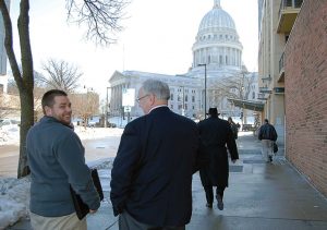 Port Washington, Wis., Mayor Mike Vandersteen, right, heads to the Capitol in Madison, Wis., with Wisconsin Municipal League lobby members to meet with legislators to discuss, among other things, the dark store strategy. (Photo provided)
