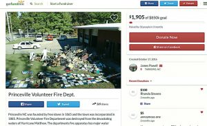 Hurricane Matthew completely wiped out Princeville Volunteer Fire Department, and now the department has launched a GoFundMe page in order to get back on its feet. The town requires a functioning fire department to really get recovery efforts underway. (GoFundMe.com)