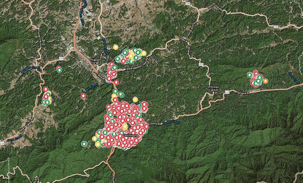 Nearly 2,400 structures were affected by the widespread fi res, which totally destroyed 1,765 of them before it was done. This GIS map highlights a portion of the damage, with the red markers signifying structures that had been “destroyed.” Orange markers represent structures with “major” damage while yellow means “minor” damage and green “affected.” (Photo provided by Gatlinburg, Tenn.)