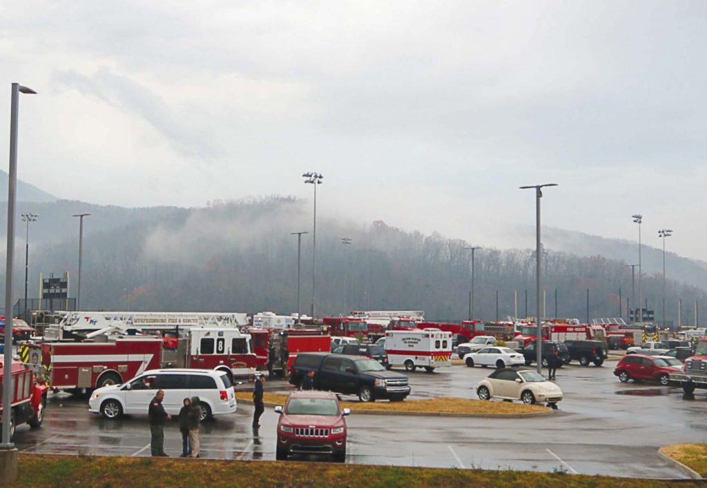 A staging area was set up for first responders and emergency personnel who were battling what is being called the worst fire of the century. Winds reaching up to 90 mph caused embers from a forest fire in the Great Smoky Mountains National Park to jump ridges and travel miles, starting fires all along the way (Photo provided)