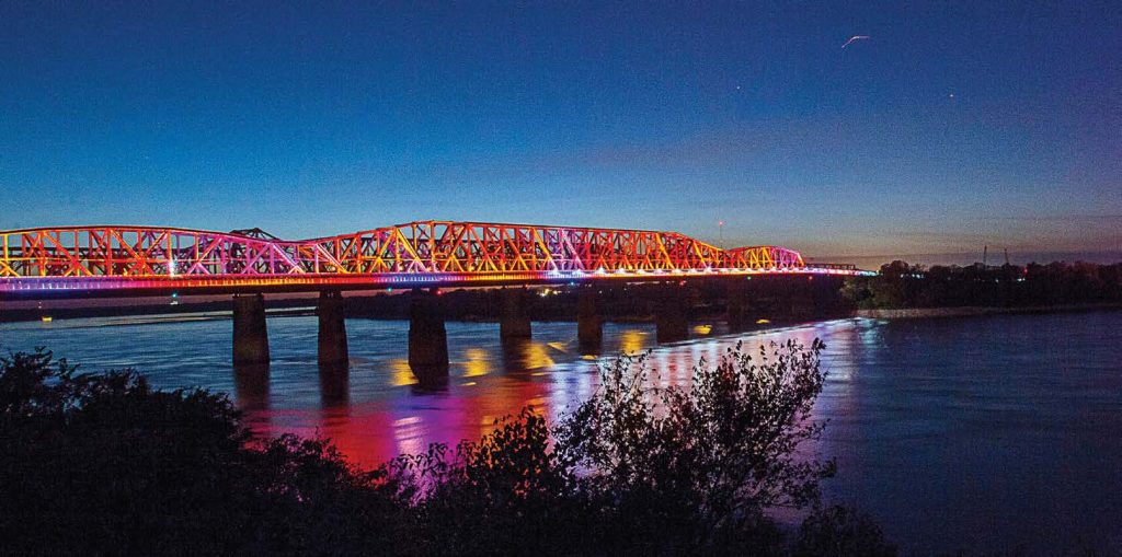 Over 80,000 energy-effi cient LED lights are housed in Big River Crossing. These lights were provided by Philips Lighting. They opened the gates on Oct. 22, 2016, and over 65,000 pedestrians and cyclists experienced the bridge in the fi rst six weeks. (Photo provided by bigrivercrossing.com)