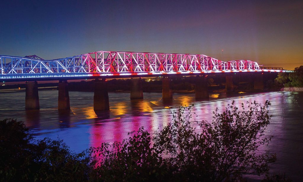 Big River Crossing, which connects Memphis, Tenn., and West Memphis, Ark., over the Mississippi River, can be lit up to commemorate special events. Here it can be seen lit up like a large American flag for holidays such as Independence Day. (Photo provided by bigrivercrossing.com)