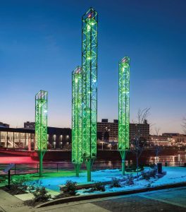 The South Bend River Lights are lit up with special colors for holidays, for example red and green for Christmas; however, they can be changed at any time to reflect the city’s mood. (Photo provided)