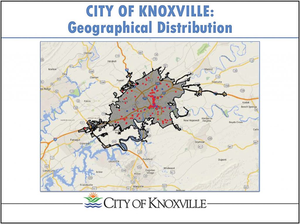 Knoxville, Tenn., has over 200 active listings on Airbnb. To enforce its proposed ordinance allowing the rental of already-occupied homes, Knoxville hopes to work with a software company to get weekly reports on properties listed on the Airbnb website in addition to complaints from surrounding residents. (Map provided)