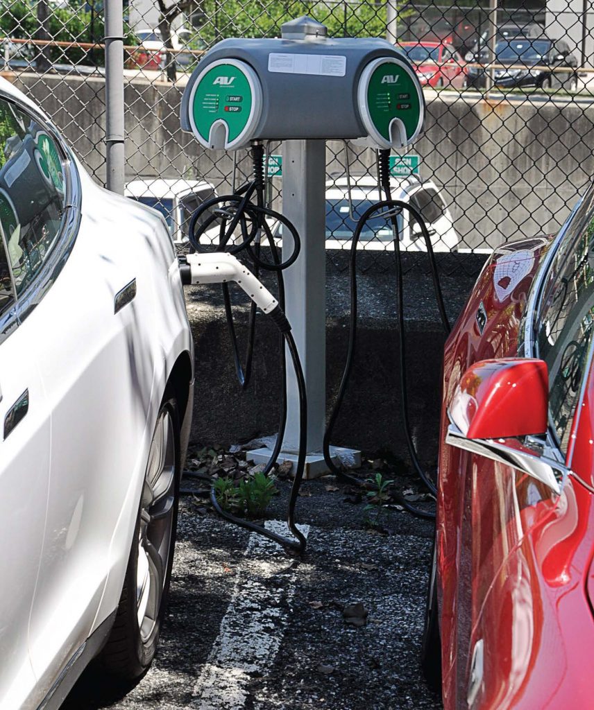 An EV car charges thanks to White Plains’ charging stations. The city was designated a Clean Energy Community by the New York State Energy Research and Development Authority. (Photo provided by city of White Plains)