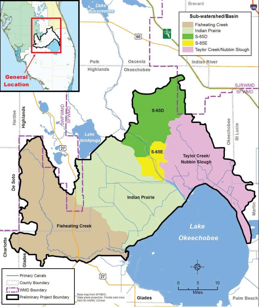 Pictured is a map of the Lake Okeechobee Watershed Project area. (Map provided)