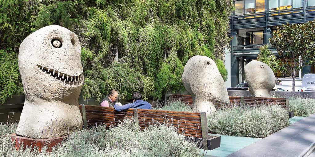 A new office tower included a new plaza in downtown San Francisco in 2008, which in addition to public seating brought “Moonrise Sculptures: March, October and December” by Ugo Rondinone. San Francisco requires developers to provide privately owned public open spaces with new downtown buildings. (Shutterstock.com)