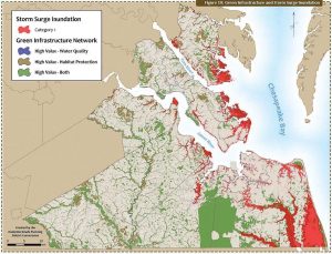 The rate of sea level rise in Virginia is somewhere between 5 and 6 millimeters per year, which is almost twice the global rate. Pictured is a green infrastructure and storm surge inundation map of Virginia created by the Hampton Roads Planning District Commission. (Photo provided)