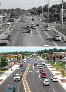 The intersection of State Street and Schrock Road is one infrastructure project that took precedence as the primary gateway into the city. A multi-year project, citizens were kept apprised to its progress via GoWesterville. Pictured is the before and after of this intersection. (Photos provided)