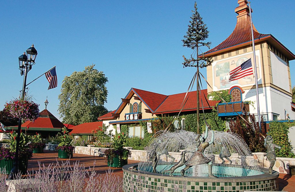 The Frankenmuth Visitor Center features a fountain with a maypole sculpture and a platz for convivial social congregation.