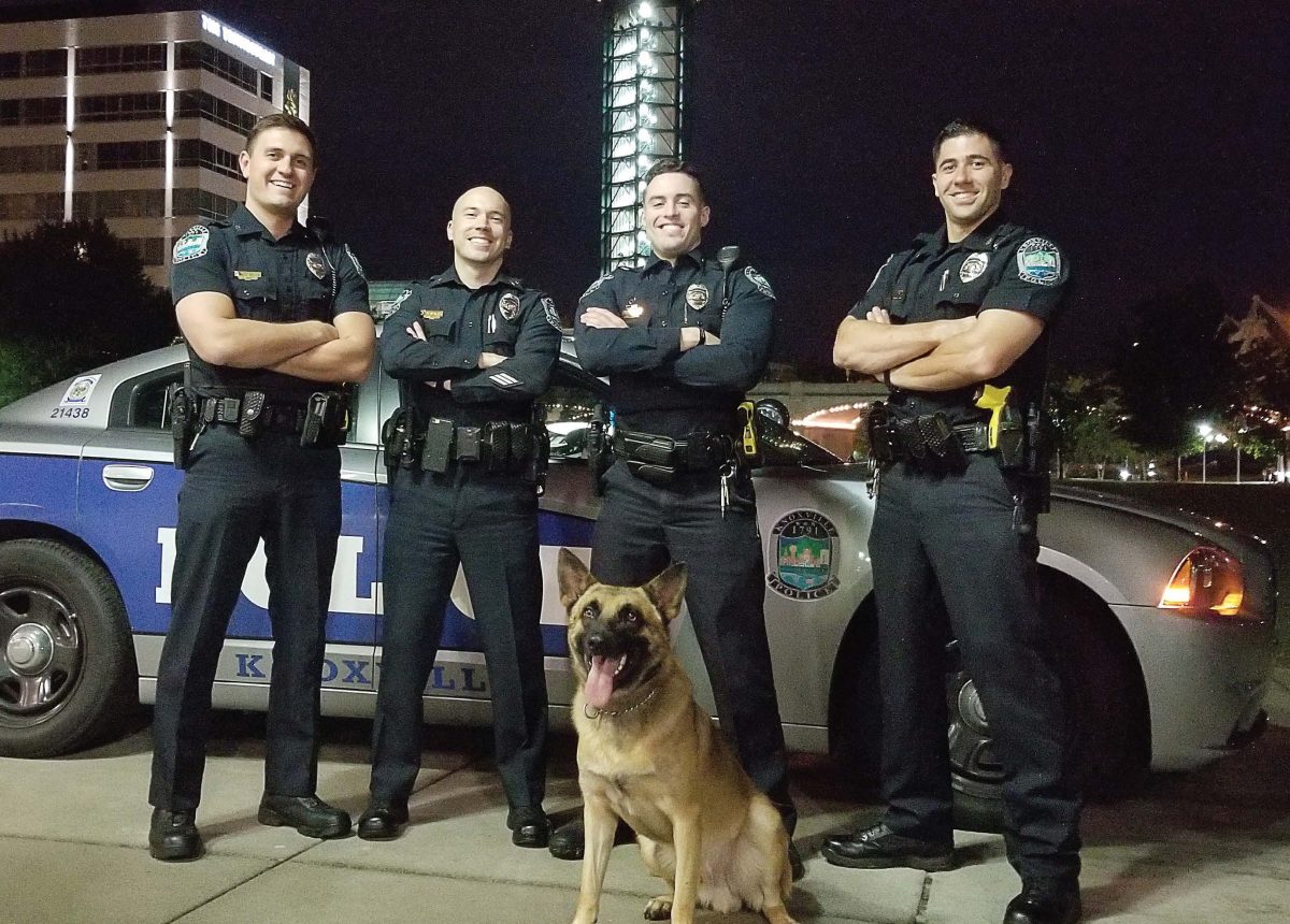 The photo that the Knoxville Police Department chose to challenge the Gainesville Police Department included a K-9. While this not only caught many people’s attention, it also helped to bring awareness to many of the animal shelters and other animal relief agencies that needed help following the hurricane. Pictured, from left, are Officer Brayden Hanson, Sgt. Samuel Henard, Officer Garrett Fontanez and Officer Christopher Medina. In front is the K-9, Nash. (Photo provided)