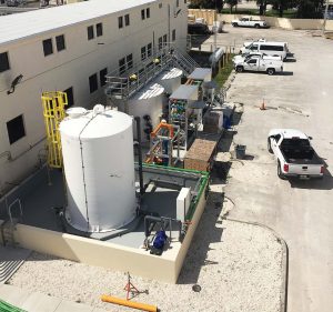 Basing the design off the nearby Palm Beach County Water Treatment Plant, Boynton Beach enhanced and optimized the contactor design. This resin regeneration area shows the recycled brine tank and resin regeneration skids. (Photo provided)