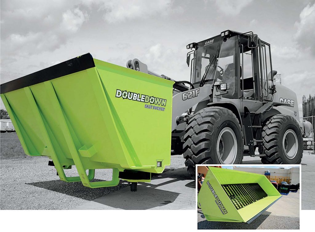 The DoubleDown Salt Bucket™’s unique technology off ers several advantages over conventional equipment, including independent augur controls, adjustable spinner controls and ejection points low enough to salt with precision under parked cars.