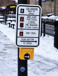 The redesigned State Street in West Lafayette also takes pedestrian traffic into consideration with updated crosswalks. (Photo by Sarah Wright)