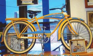 The Shelby Bicycle Company manufactured bicycles in Shelby from 1925-1953. Among its catalog of bicycles were the “Lindy Flyer,” named for aviator Charles Lindbergh, and the Donald Duck bicycles of the ’50s. Pictured is a Donald Duck bicycle that is on display at the Shelby museum. (Photo provided)