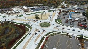 Roundabouts are often designed with larger fire apparatuses and commercial trucks in mind, with special attention being paid to the width of thru lanes and the layout of curbs. Pictured is the Northwestern Connector Triangle in Oakland County, Mich. (Photo provided)