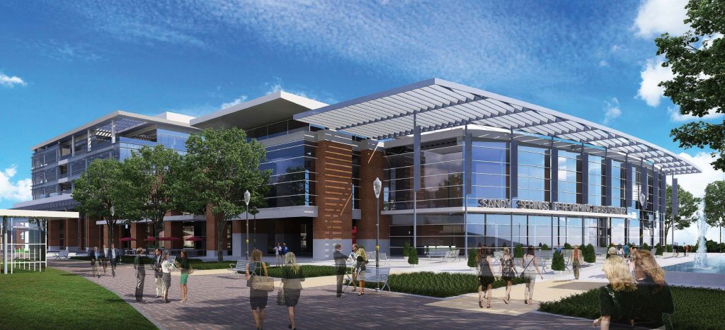 Pictured is a rendering of Sandy Springs, Ga.’s, new city hall, which also includes the Sandy Springs Performing Arts Center. Like much of its operations, the project was completed using public-private partnerships. (Photo provided)