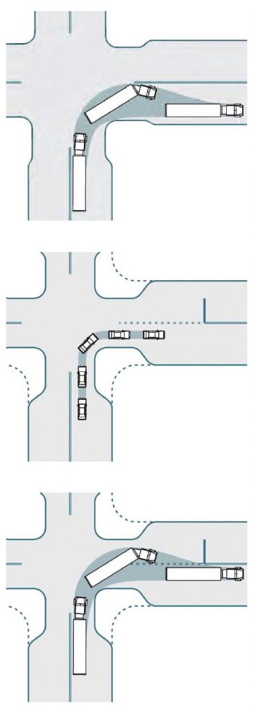 These diagrams show the difference in turning radiuses between cars and semi-trailer trucks and how they can be impacted by streetscape changes. (Photos provided)